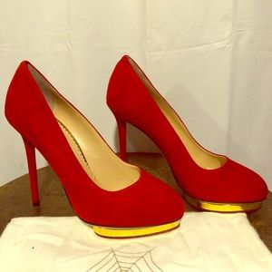 Charlotte Olympia Red Suede Debbie Heels Pumps